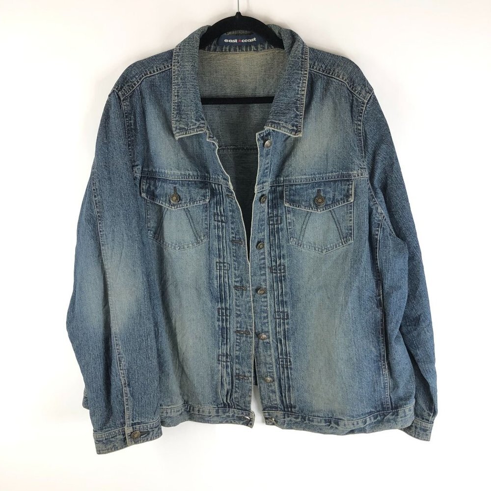 East Coast Mens Denim Jacket Retro Trucker Pleating Fading 26/28 US 2XL